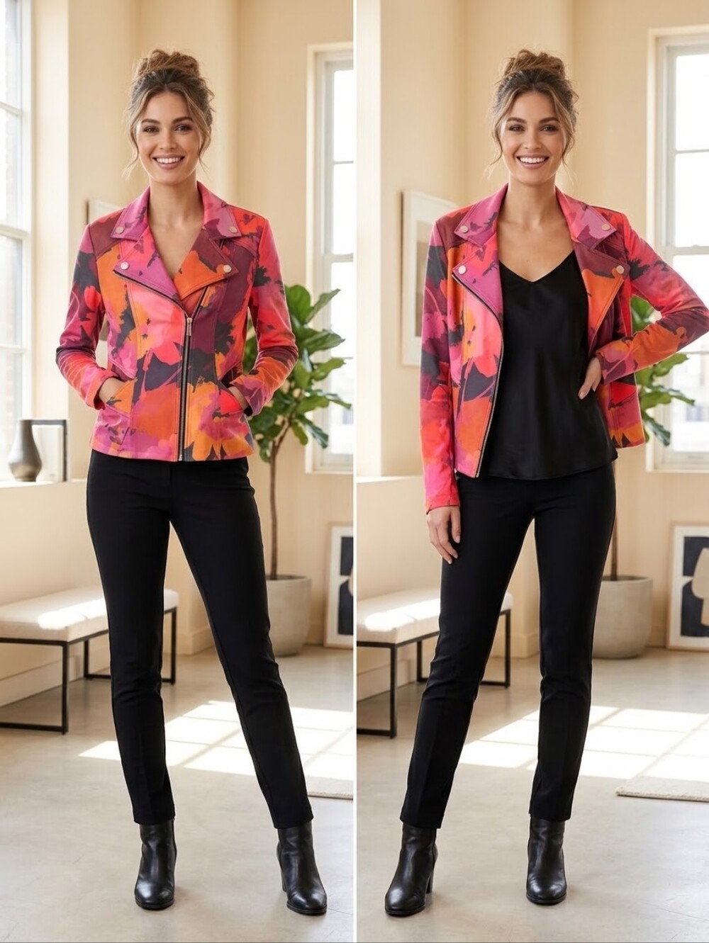 NWT Joseph Ribkoff Abstract Floral Foiled Faux Suede Moto Biker Jacket Size M